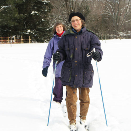 Carol Ann Gieske and Diane Davis skiing