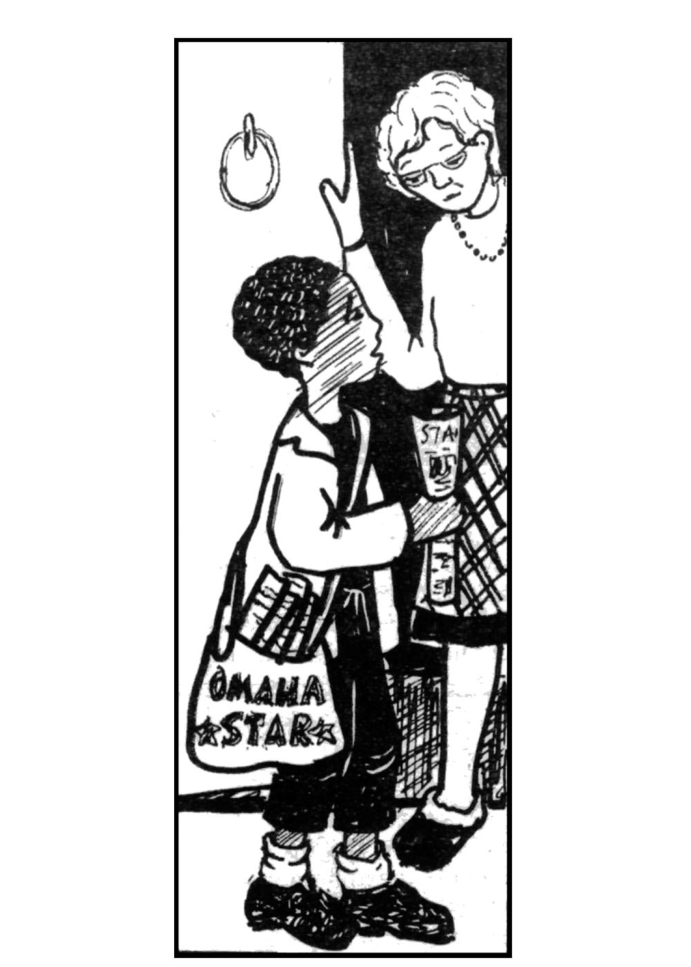 drawing of a Black newsboy at the door a White woman stands in