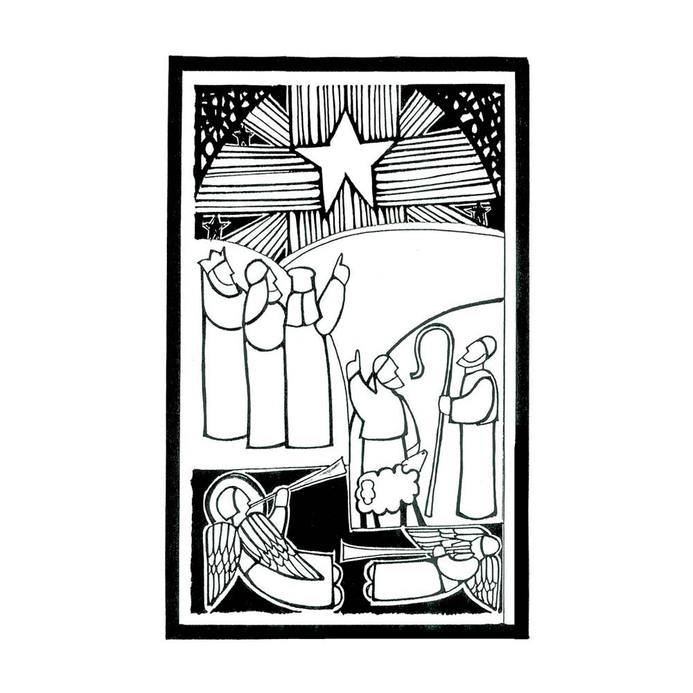 drawing of the Magi, shepherds,an angel, the star by Patti Birdsong