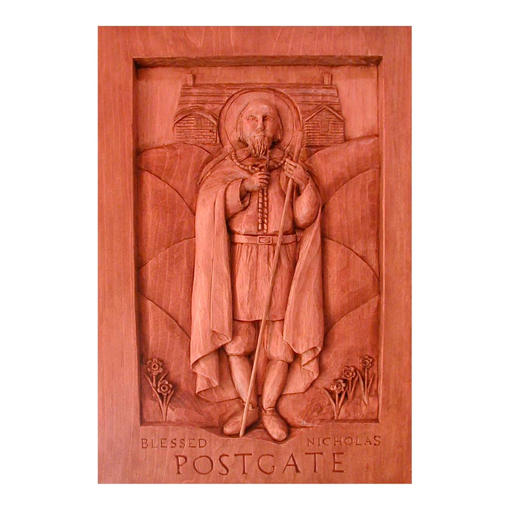 carving of Nicholas Postgate by Mark Schlingerman