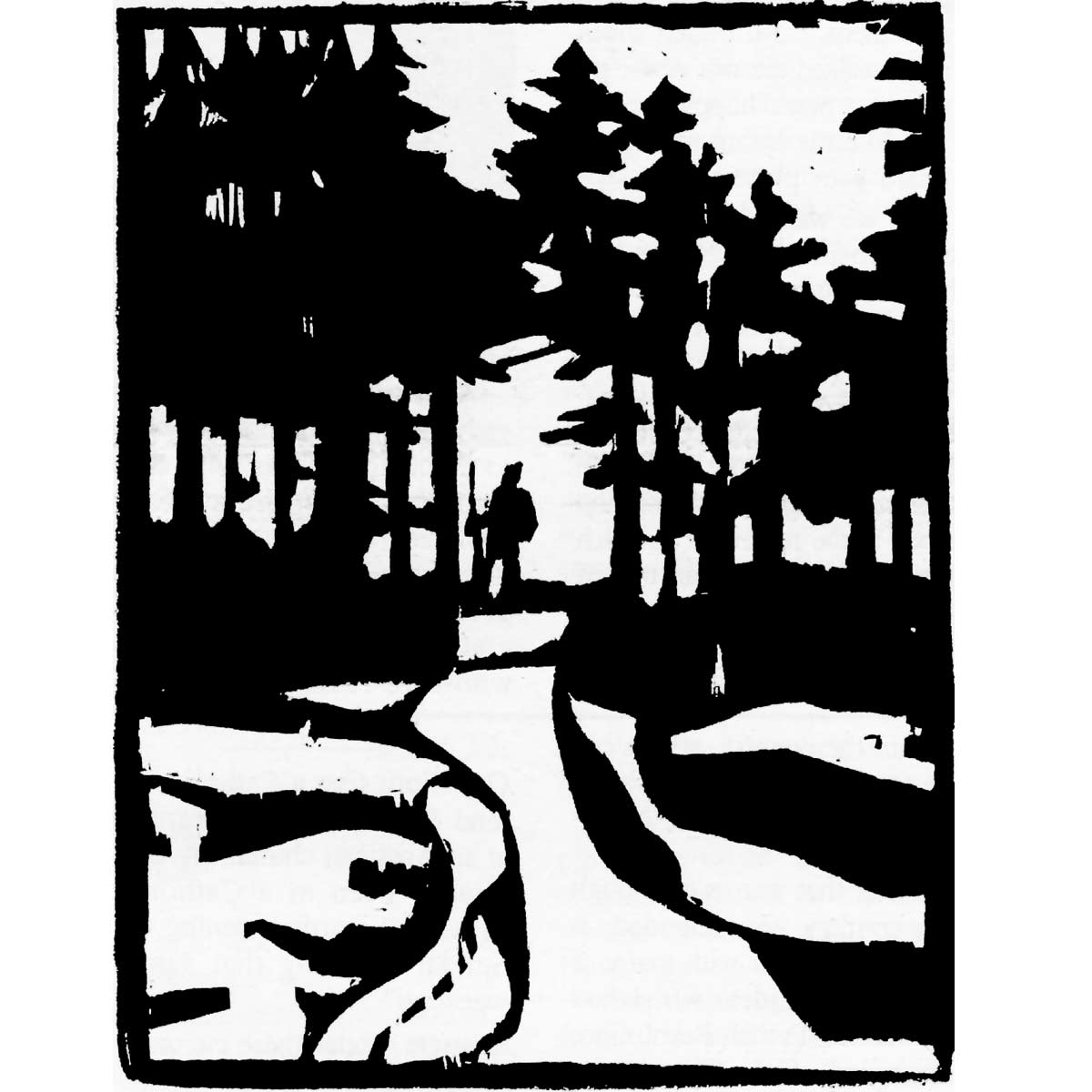 a block print of a person walking in the forest by Donna Surprenant